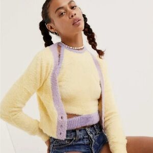 For Love & Lemons Sheila Yellow & Purple Fuzzy Cropped Cardigan